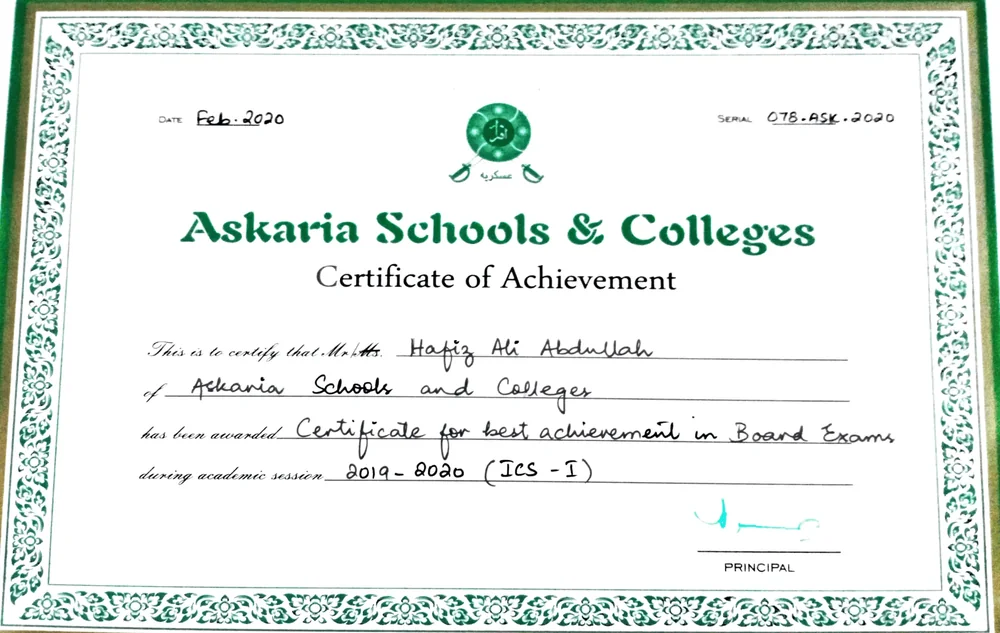 Askaria Schools and Colleges board achievement certificate